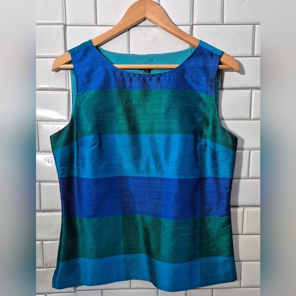 Talbots Tops - Talbots Ladies 100% Silk Sleeveless Blouse Side Zip Blue Green Wide Stripe Patte